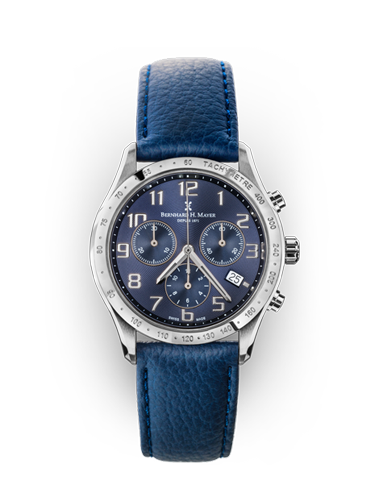 Iris Chronograph watch in deep blue leather straps slide 1 - stainless steel 316L case and crown